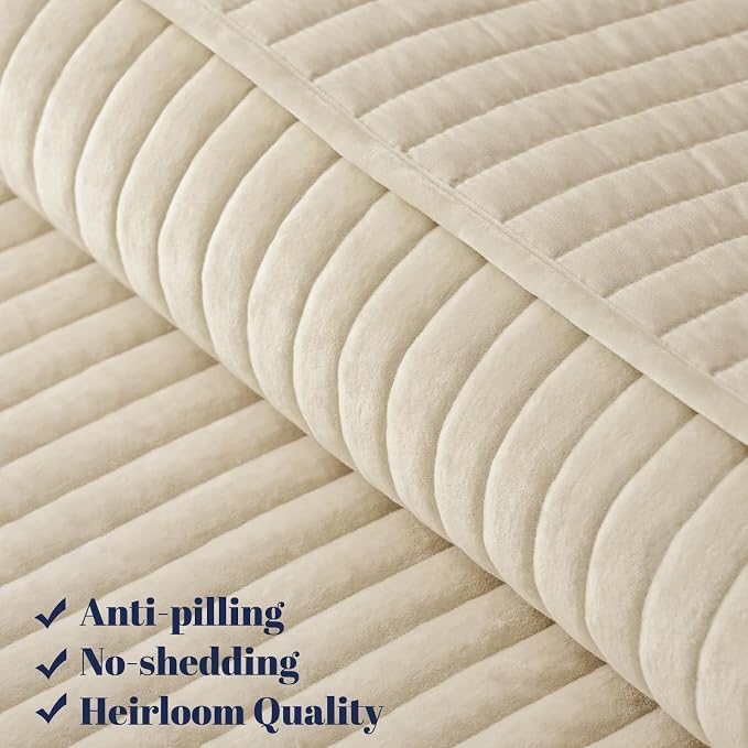 PHF Luxury Velvet Quilt Set Twin Size – 2PCS Ultra Soft Quilted Comforter Alternative with Striped Channel, Cozy Quilted Bedspread, 1 Coverlet with 1 Matching Sham, 68" x 92", Sand