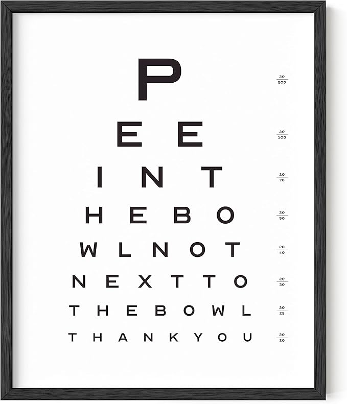 HAUS AND HUES Funny Bathroom Signs – Eye Chart Restroom Poster, Playful Washroom Artwork, Humorous Home Accent (16x20, Black Frame)