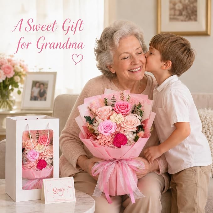 Pink Preserved Flowers Bouquet, Eternal Real Flower for Women Real Roses That Last 3 Years Handmade Floral Arrangement for Mother's Day Birthday Gifts Anniversary Surprise for Mom Women Her