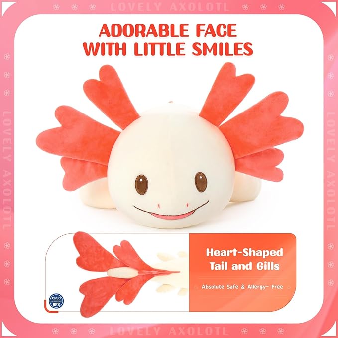 MaoGoLan Giant Axolotl Plush Body Pillow, Large 44" Love Axolotl Stuffed Animal for Girl Boy Kid, Long Pink Salamander Plush Pillow for Birthday Gifts, Baby Shower Party Favor Decor