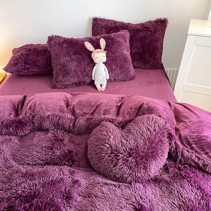 chovy Faux Fur Plush Grape Purple Comforter Sets King - Ultra Soft Shaggy Flannel Velvet Fluffy Fuzzy 3PC Bedding Set （Comforter x 1 Pillowcases x 2）