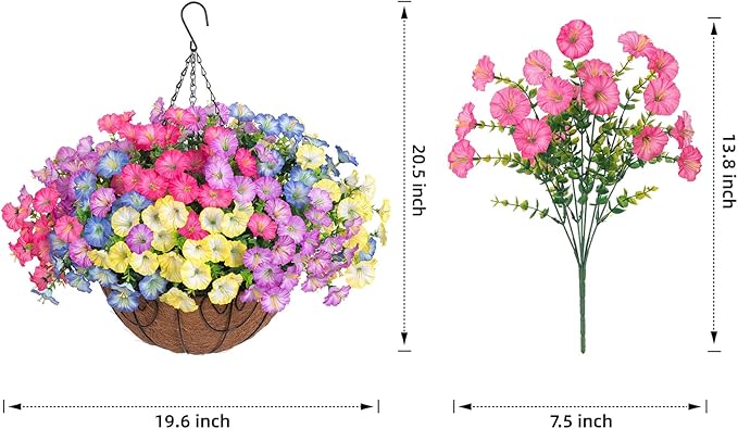 Artificial Fake Hanging Flowers Baskets for Outdoors Faux Plants Spring Outside Decor, UV Resistant Silk Morning Glory Flowers in Planter Realistic Petunias for Outdoor Porch Patio Garden Yard Home