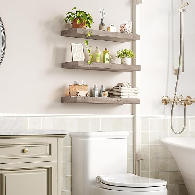 RALGEND Floating Shelves for Wall, 1.5" Thick Wall Shelf Set of 3 with Invisible Brackets, 23.6L x 7.9W Hanging Book Shelves Farmhouse Home Decor for Bathroom, Living Room, Bedroom, Greige 6301BJP3BG