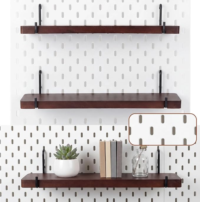 Novabright 2 Pcs Walnut Color Pegboard Shelves Set with Metal Brackets Hooks 11.8 x 4'' Wall Wooden Pegboard Shelving Heavy Duty Accessories for Crafts Office Garage, Compatible with IKEA Skadis