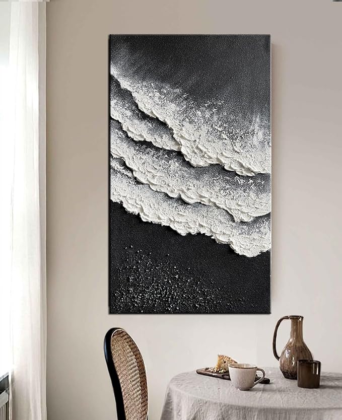 YaSheng Art - Oil Painting on Canvas Texture Black and White Ocean scenery sandbeach 3D Oil Painting Hand-Painted Abstract Artwork Paintings Modern Home Decor Living room sofa bedroom dining room hanging pictures Canvas Wall Art 24x48inch