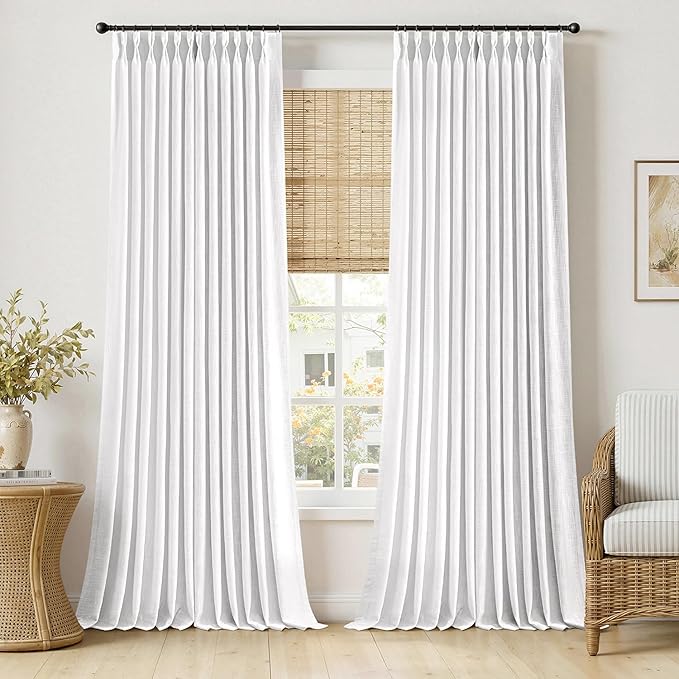 MIULEE Pinch Pleated White Thick Linen Curtains 108 Inches Long 2 Panels, Linen Texture Drapes for Living Room Bedroom Dining Room, Extra Long Light Filtering Farmhouse Foor to Ceiling Curtains