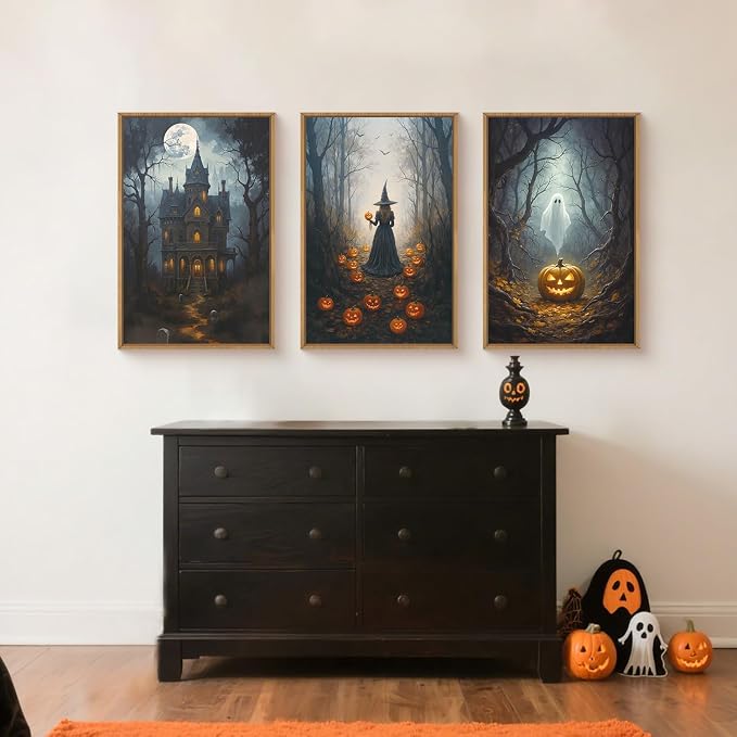 Halloween Moon Castle Framed Canvas Wall Art Set, Scary Dark Forest Witch Wall Decor, Cute Ghost Wall Painting, Pumpkin and Bats Art Prints for Gothic Party, Living Room, Club -16"x24"x3