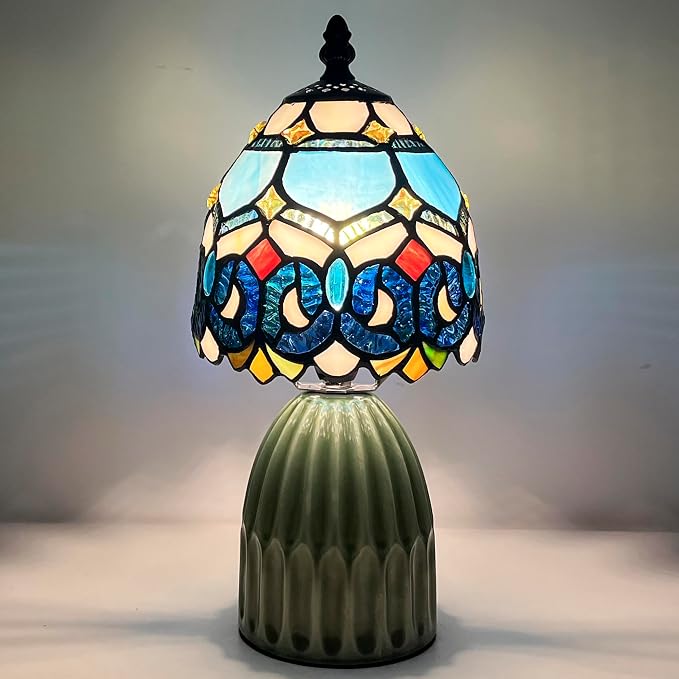 Tiffany Stained Glass Mushroom Table Lamp 12.5 Inch -Blue Jewelry | Tiffany Lamp,6X6X12.5 Inch,Small Night Light,Ceramic Base, Mini Accent Light Suitable,Bedside,Bedroom, Children Room,Antique