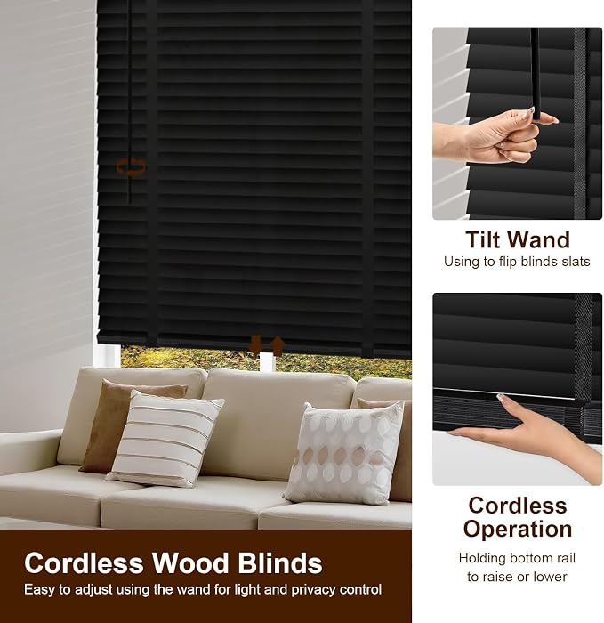 2" Cordless Real Wood Blinds for Indoor Windows, Black, 38" W x 64" H | Horizontal Venetian Blinds with Tilt Wand, Light Filtering, Privacy Control, Easy Installation for Bedroom, Living Room