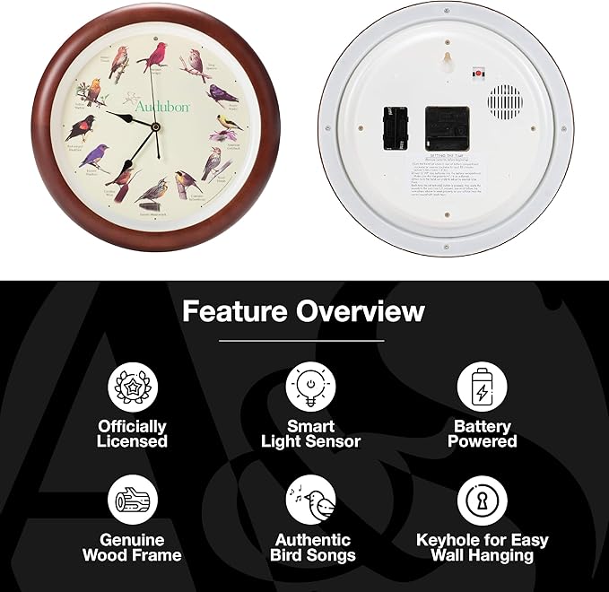 Mark Feldstein, Audubon Singing Bird Wall Clock, 13 Inch, Premium Cherry