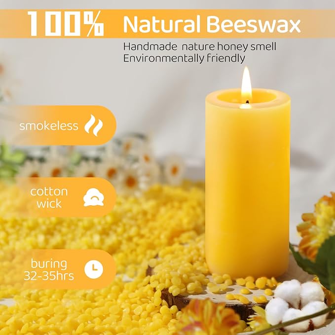 Natural Beeswax Pillar Candles,140 Hours Long Burning Pure Beeswax Candles Bulk,Unscented Bees Wax Candle for Home,Prayer,Dripless Smokeless Organic 100% Pillar Candles 2x4in-4pack