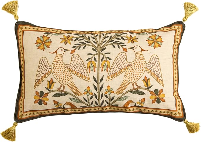 bilin gaier Designer French Linen Throw Pillow Cover,20"x12"-Seville A | Vintage Elegant Rectangular Pillow Cover,Concealed Zipper,Floral and Bird Pattern,Sofas,Bedroom,Living Room,Chairs