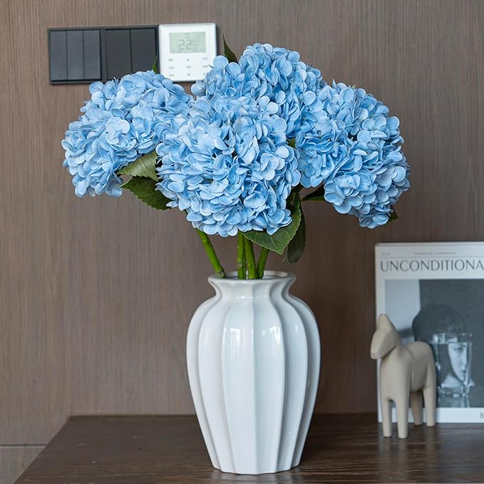 DUYONE 4PCS Artificial Flowers Large Hydrangeas Flowers Latex Bouquet for Wedding Bridal Office Home Party Decoration (4Pcs Blue)