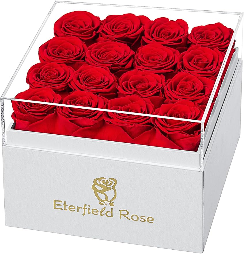 Eterfield Forever Flowers Preserved Roses Real Roses that Last Over a Year Rose Box Gifts for Her Mothers Day Valentines Day Christmas (Square White Box, 16 Red Roses)