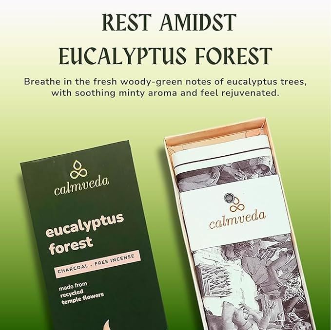 Calmveda Forest Eucalyptus Incense Sticks - 80 Charcoal Free Incense Sticks, Made from Upcycled Flowers | Crisp, Refreshing Aroma of Rainforest, Transports You to Eucalyptus Forest