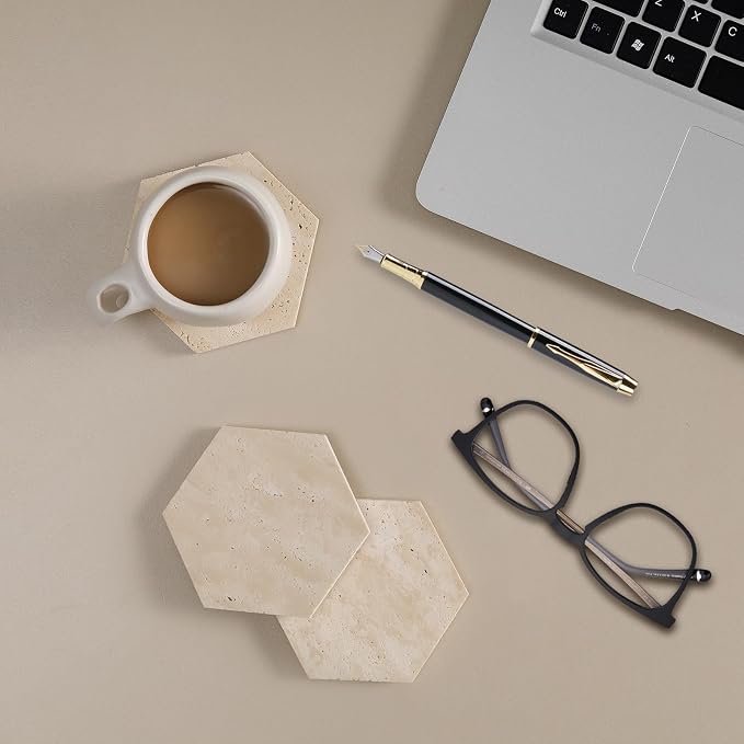 Travertine Coasters Set of 6 with Holder, Hexagonal Rustic Farmhouse Beige Marble Drink Coasters for Coffee Table Decor, Porous Stone Absorbent Coaster for Drinks, Velvet Backed