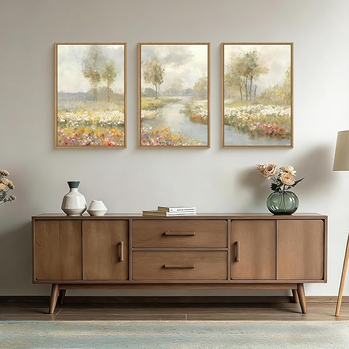 HPNIUB Large Watercolor Wildflower Framed Canvas Wall Art,Vintage Landscape Wall Decor,Rustic Wilderness Field Art Prints,Nature Floral Tree Artwork for Living Room,Bedroom,Farmhouse,Office -16"x24"x3