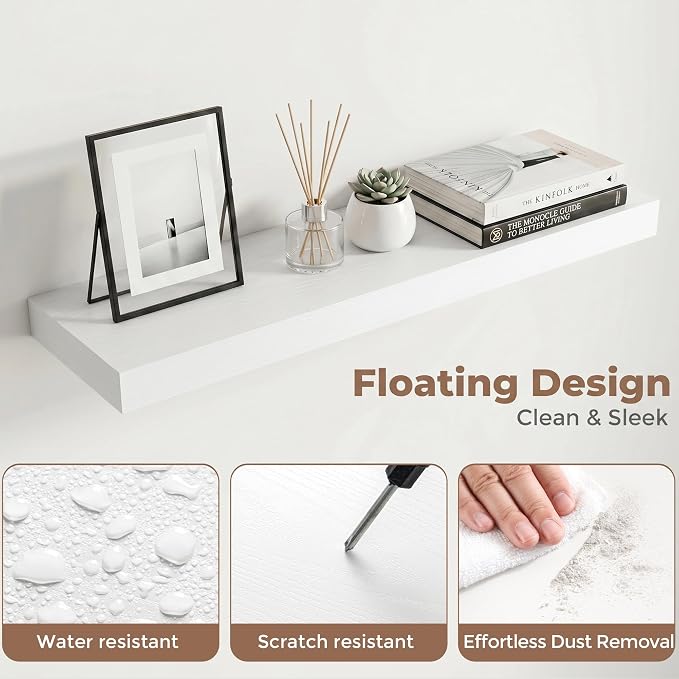 30 Inch Floating Shelves for Wall, 8"D Wood Storage Shelves, White Finish | Engineered Wood, Invisible Bracket, Large Storage, Easy Install, Hold Up to 44lbs, Living Room, Bathroom, Bedroom, Kitchen