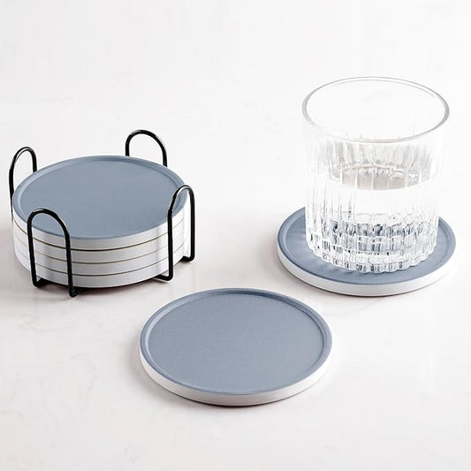 Set of 6 Dusty Blue Coasters with Holder, Absorbent Ceramic Drink Coasters with Cork Backing for Table Protection, Table Decor, Housewarming Gifts