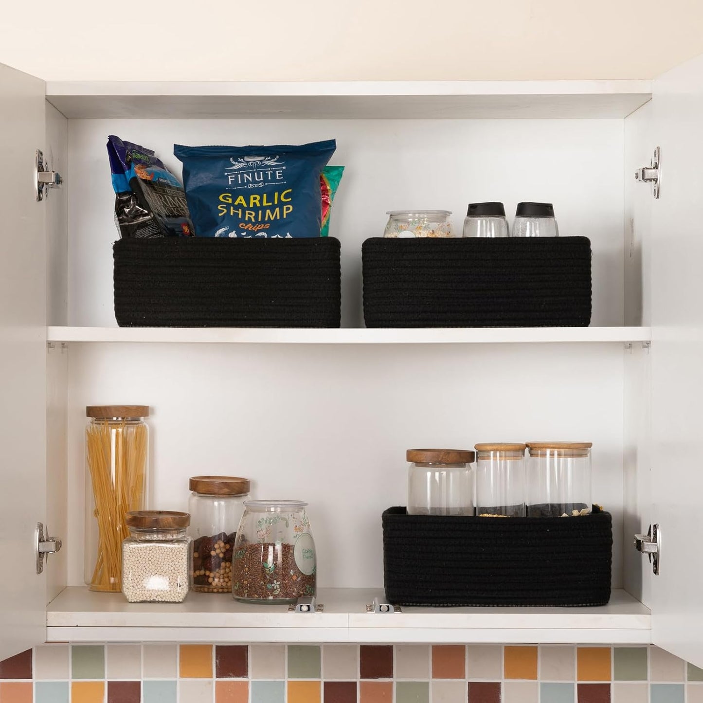 3 Pack Small Storage Baskets for Organizing, Cute Woven Decorative Gift Baskets for Shelves, Mini Closet Organizer Bins with Handles, 11.81''Lx7.87''Wx4.72''H-Black