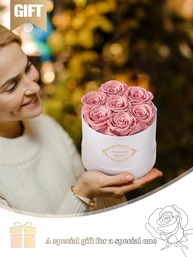 Beaulasting Long Lasting Preserved Roses in a Box Last a Year Forever Flowers for Her Mom Wife Anniversary Birthday (Round White Box, Dusty Pink)