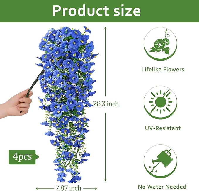 Serwalin Artificial Hanging Flowers for Outdoors UV Resistant, 4PCS Faux Morning Glory Fake Outdoor Flowers Realistic Silk Flower Faux Plants for Outside Planter Front Door Porch Patio Yard Decor