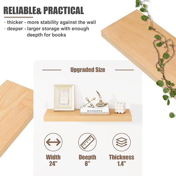 Floating Shelves for Wall, USA-Sourced Beech Wood 24 Inch Wall Shelves Set of 2, Natural Wooden Mounted Picture Ledge Shelf, Nursery Book Storage Shelf Kids Bookshelf Display, Shelf for Bathroom