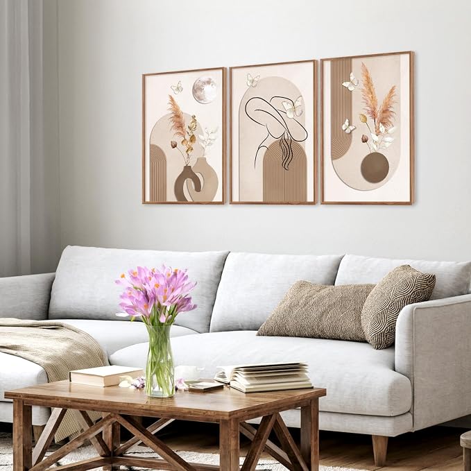CHDITB Wabi Sabi Dried Floral Framed Canvas Wall Art Set, Neutral Boho Line Woman Wall Decor, Minimalist Abstract Geometric Artwork, Vintage Beige Prints for Living Room, Bedroom, Office 16"x24"x3