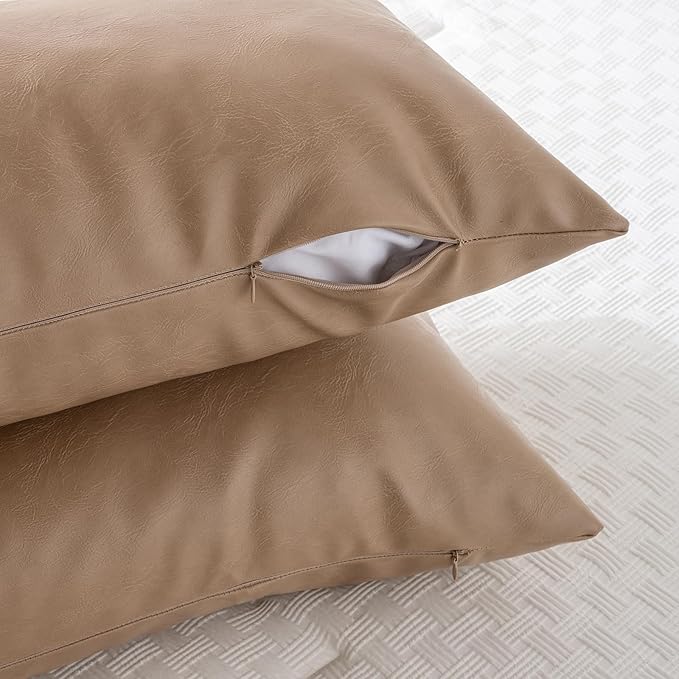 Fancy Homi Tan Boho Long Lumbar Faux Leather Body Decorative Throw Pillow Cover 12x40 Inch for Bedroom Couch Bed Sofa, Stylish Solid Rectangular Beige Pillowcase, Rustic Modern Farmhouse Room Decor