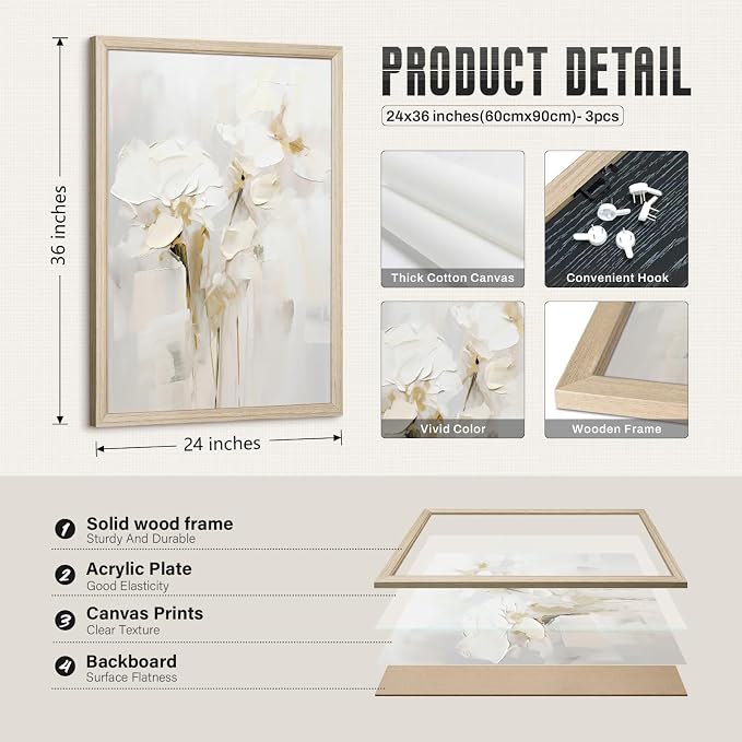 Neutral Wall Art Abstract Floral Canvas Pictures Beige Flower Wall Decor Modern Painting Minimalist Poster Abstract Botanical Prints White Artwork for Bedroom Living Room 24x36x3 Inch Wood Framed