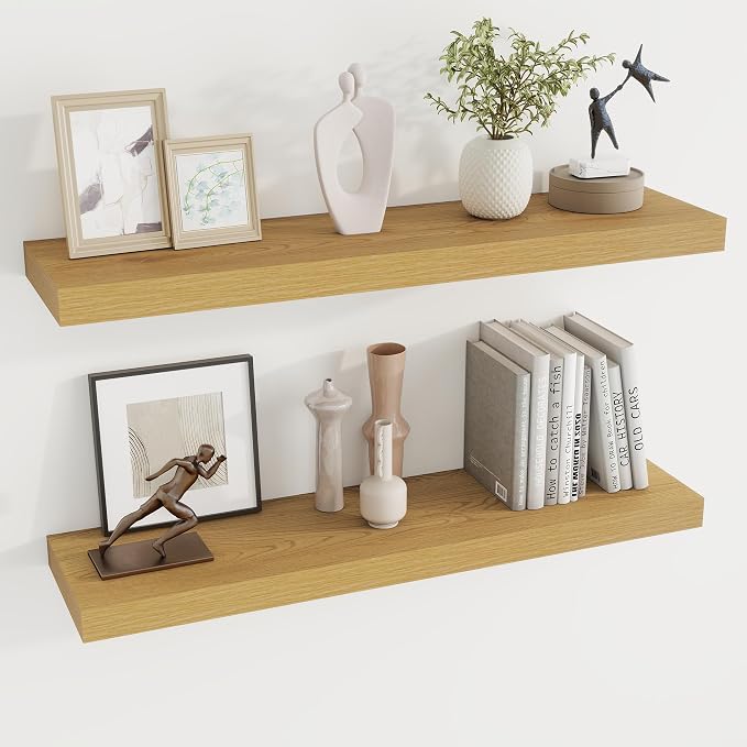 Dreamland 36Inch Floating Shelves 8" Deep Wall Mounted Set of 2 Oak | Wall shelves for bathroom, bedroom, kitchen, deep wall mount wood storage display for home decor 36" x 8"