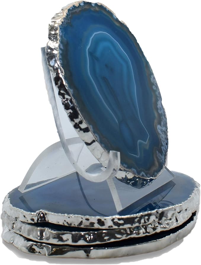 Nature's Decorations Teal Silver Rimmed Agate Stone Coasters - Set of 4, Polished Geode Drink Mats for Dining & Coffee Table & Kitchen Geode Decor Non-Toxic 3.5-4” Diameter