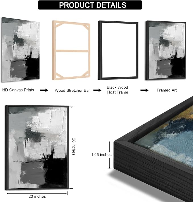 Large Framed Canvas Wall Art - Retro Grey Graffiti Pictures for Living Room Rustic Abstract Wall Decor Vintage Prints for Bedroom Dinning Room Black Float Framed 20" X 28" X 3 pcs