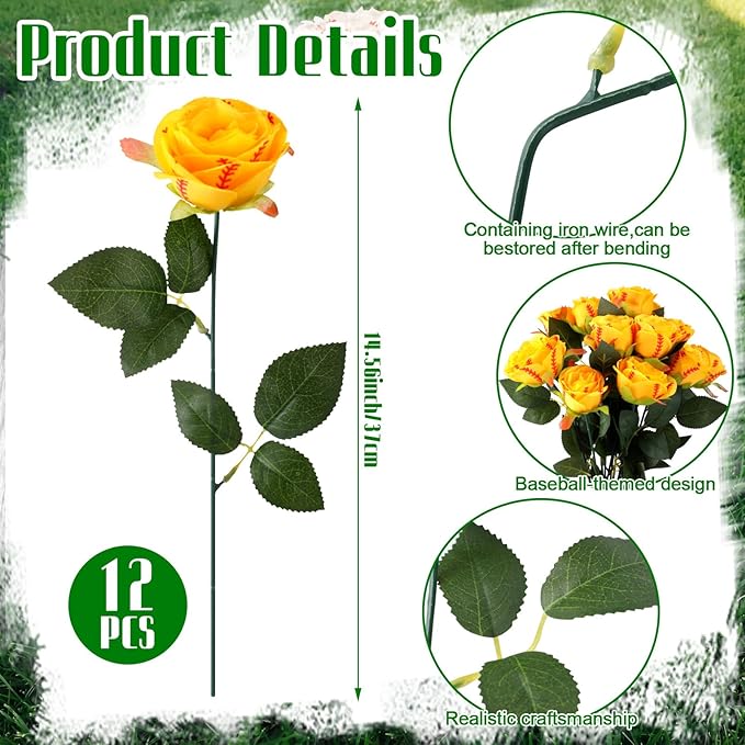 Suncalla 12 Pcs Softball Rose with Leaves Bulk Artificial Fake Roses Decor Sports Flower Gifts for Table Centerpieces Graduation Wedding Gifts Sports Theme Rose Bouquet Party Favors