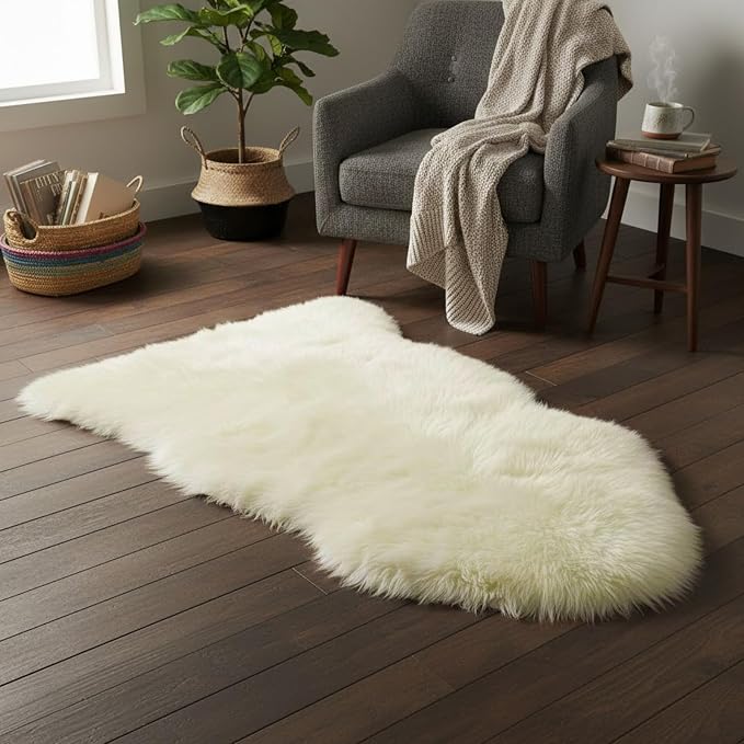 Genuine Sheepskin Rug New Zealand Fluffy Lambskin Rug, Natural Luxury Sheepskin Throw for Bedroom Living Room Children's Room - Premium Area Rug Chair Cover (2×3 Feet, Cream White)