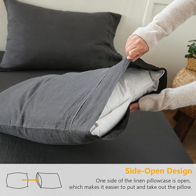 Simple&Opulence 100% French Linen Pillowcase King Size-Set of 2- Washed Solid Color Pillow Cases Embroidered -Soft and Durable (Dark Grey, 20''x40'')