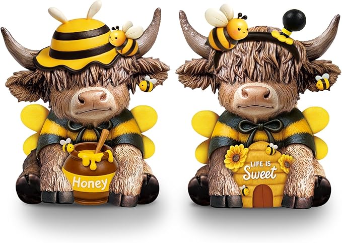 Karenhi 2 Pcs Bee Highland Cow Figurines, Bee Costume Resin Honey Cow Gnomes Scottish Resin Statue Calf Lovers Gifts for Spring Home Garden Kitchen Office Tiered Tray Table Decor