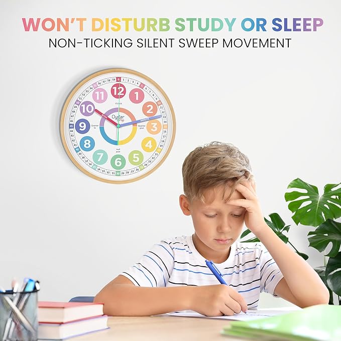 Large Pastel Kids Learning Clock – Award-Winning 14" Silent Non-Ticking Analog Wall Clock for Classroom & Kids Bedroom – Cute Colorful Room Decor & Educational Tool – Includes Teaching Time E-Book