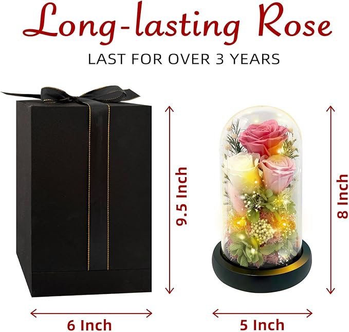 HipTree Preserved Pink Rose in Glass Dome with LED Lights - Forever Eternal Real Rose Gifts for Women, Valentines Day Mothers Day Birthday Christmas Gift Wedding Anniversary for Mom Wife Girlfriend