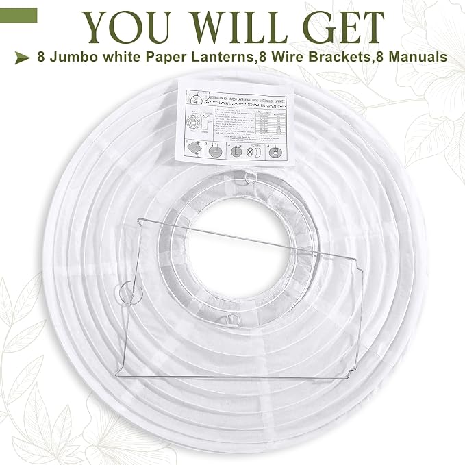Retisee 8 Pieces 30 Inch White Jumbo Paper Lanterns Large Hanging Chinese Japanese Paper Lanterns Decoration for Home Wedding Party Ceiling Decoration