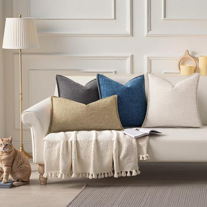 decorUhome Summer Decorative Throw Pillow Covers 24x24 Set of 2 Square Faux Linen Farmhouse Euro Sham Pillow Covers with Stitched Edge Outdoor Neutral Pillow Covers for Couch Sofa Living Room, Khaki