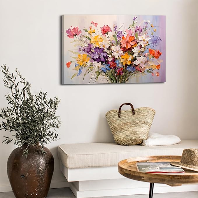 Floral Botanical Wall Art Wildflowers Bouquet Wall Decor for Bathroom Colorful Daisy Poppy Oil Painting Style Canvas Print Aesthetic Flower Picture Blossom Plants Artwork Bedroom Home Decoration
