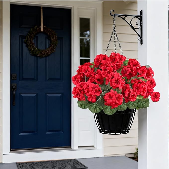 Artificial Flowers for Outdoors, 6 Bundles Realistic Silk Fake Red Geraniums, Faux Plastic Flowers for Outdoor Planters, Hanging Baskets, Window Boxes, Porch, Patio Decor