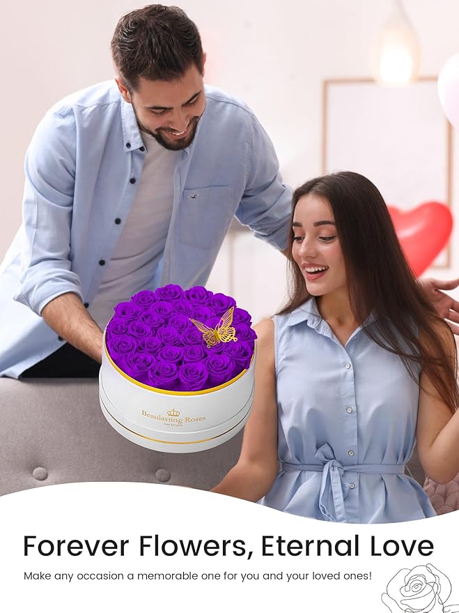 27 Preserved Roses Forever Flowers Real Roses in a Box Mother's Day Birthday Flowers for Her Mom Women Wife Valentine's Day, Purple Roses