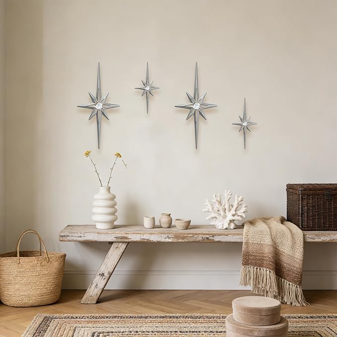 sxnzequnze 4 Pack Metal Star Wall Art 8 Pointed Starburst Wall Decor Set with 2 Large & 2 Small Pieces Mid Century Celestial Metal Wall Sculpture for Bedroom Living Room Office Gallery Wall