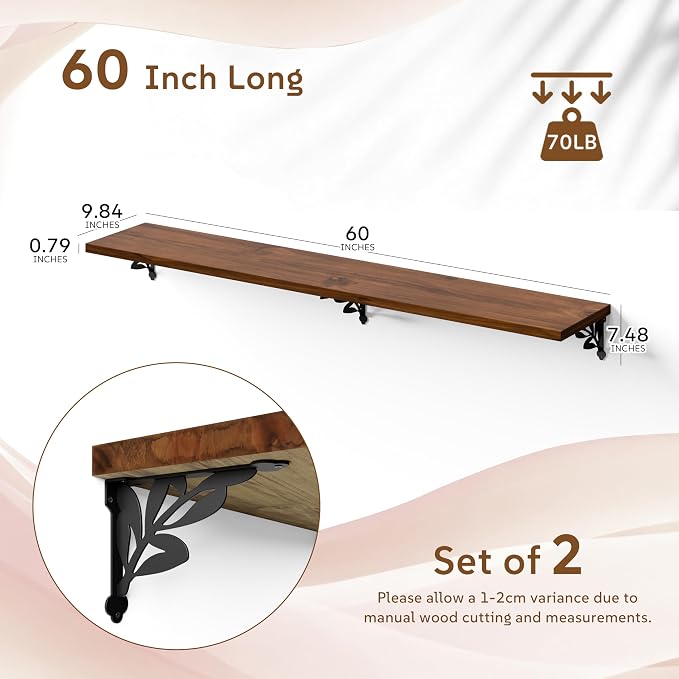 60 Inch 2 Tier Solid Wood Floating Shelves for Wall with Metal Brackets | 60 inch solid pine shelves, 2 tier, walnut finish, metal brackets for books, decor and home storage