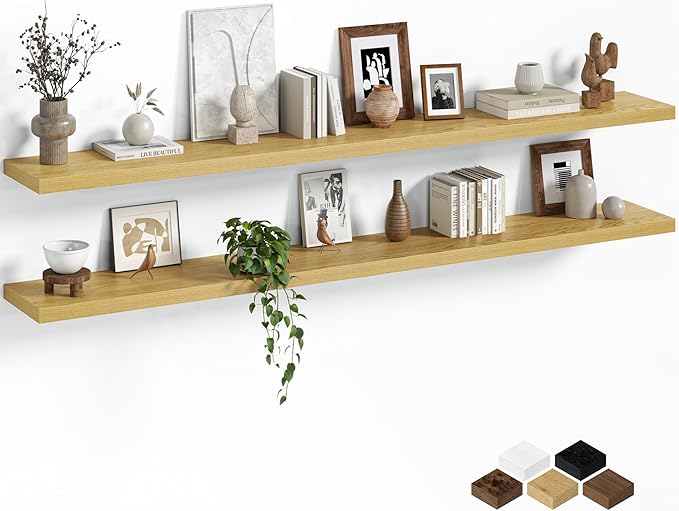 Fun Memories Floating Shelves for Wall, 72 Inch Long Set of 2 Rustic Wood Wall Shelves with Invisible Brackets, Heavy Duty Storage Display for Living Room Bedroom Kitchen, Oak
