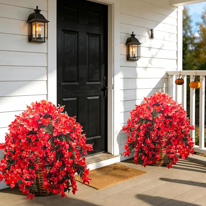 Grunyia 4 Pack Artificial Bougainvillea Flowers Outdoor UV Resistant, Fake Silk Trailing Vines Realistic Faux Hanging Plants for Front Door Porch Patio Garden Yard Window Box Planter Urn Decor(Red)