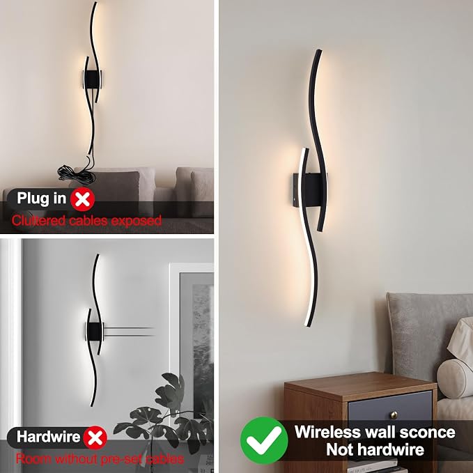 Modern LED Wall Sconce Set of Two, Dimmable Battery Powered Wall Sconces, 3000K-6500K Wireless Wall Light, Rechargeable Wall Lamp Indoor not Hardwired for Room Bedroom Corridor, 39.3in(Black)