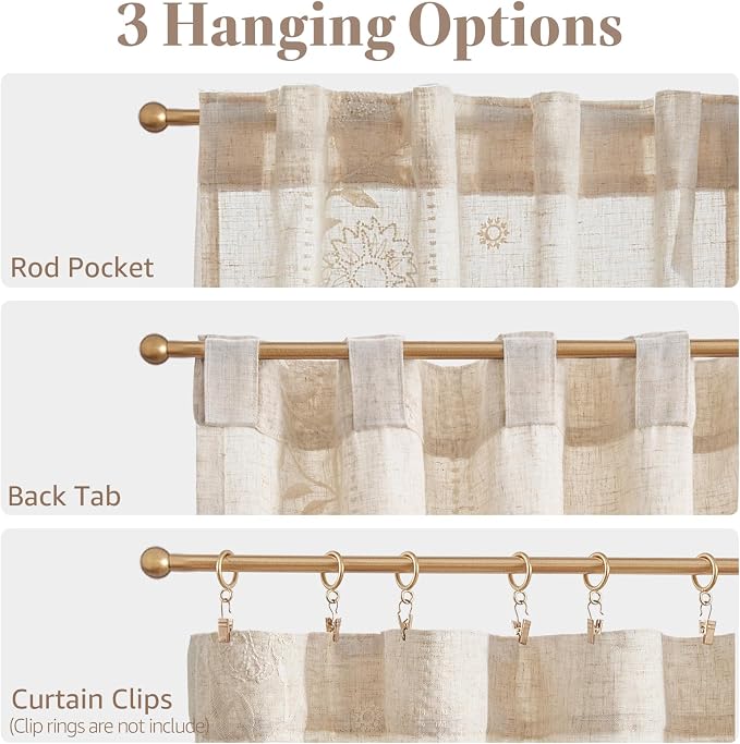 jinchan Winslow Linen Kitchen Curtains 36 Inch Length Small Window Curtains Embroidered Bordered Floral Drapes Light Filtering for Bathroom Laundry Room Farmhouse Decor White on Beige 2 Panels
